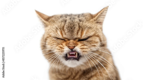 A cat with a grumpy expression and bared teeth