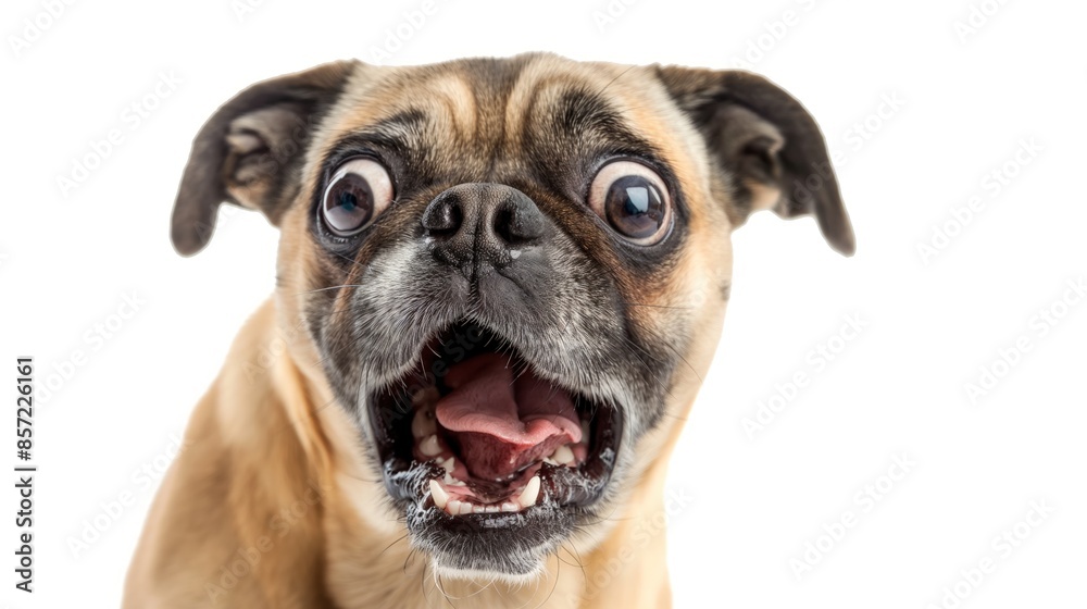 Closeup of a pug with wide eyes and open mouth Closeup of a pug with wide eyes and open mouth
