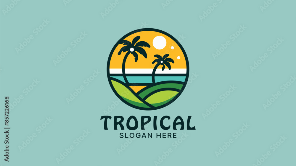 A vibrant tropical beach logo design with palm trees, a sunset, and rolling green hills, for travel and leisure branding. A vibrant tropical beach logo design with palm trees, a sunset, and rolling green hills, for travel and leisure branding.