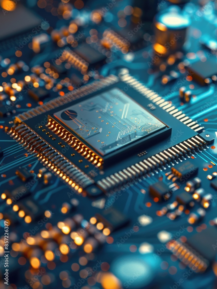 Obraz premium A close-up shot of a circuit board featuring a clock component, useful for technology and electronics-related content