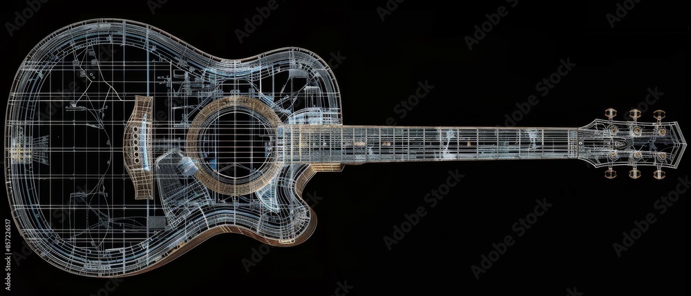 Precision AutoCAD Illustration of Guitar Body and Neck Cutaway Design with Fretboard Layout Detail Precision AutoCAD Illustration of Guitar Body and Neck Cutaway Design with Fretboard Layout Detail