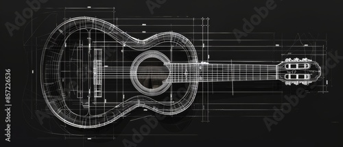 Precision AutoCAD Drawing of Guitar Internal Bracing and Soundboard with Technical Detail and Clean Lines