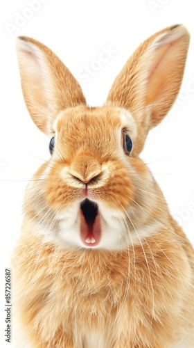 A close-up photo of a brown rabbit with its mouth open wide in surprise