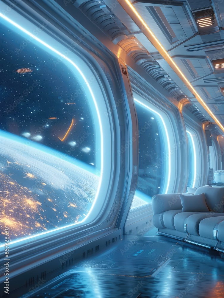 Stunning view of Earth from a futuristic space station with blue glowing lights and comfortable seating. Sci-fi interior with a magnificent vista. Stunning view of Earth from a futuristic space station with blue glowing lights and comfortable seating. Sci-fi interior with a magnificent vista.