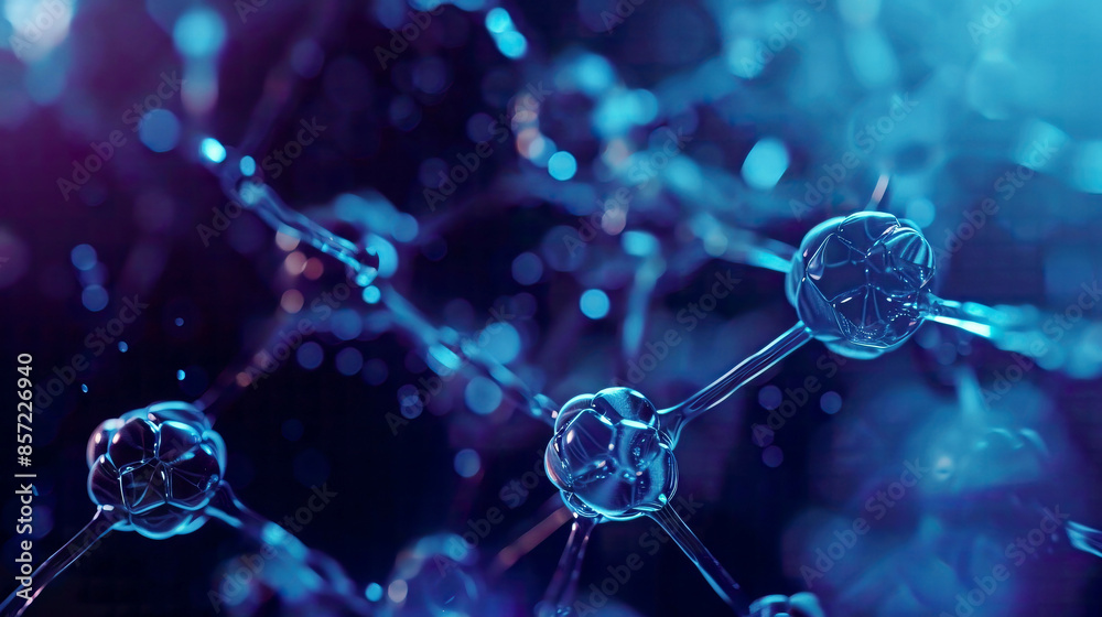 3D illustration of a blue molecule structure intricate details glowing effects set against a dark gradient background hyper-realistic rendering 3D illustration of a blue molecule structure intricate details glowing effects set against a dark gradient background hyper-realistic rendering