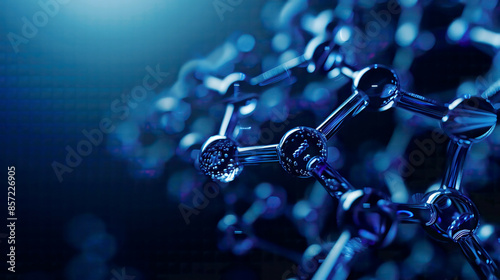 3D illustration of a blue molecule structure intricate details glowing effects set against a dark gradient background hyper-realistic rendering 
