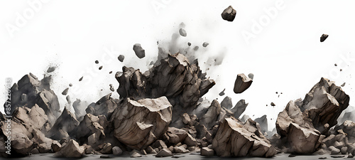  Rock stone white background fall black falling space isolated splash dust mountain cliff flying. Earth stone boulder texture rock abstract broken powder white dirt blast float burst fantasy surface. 