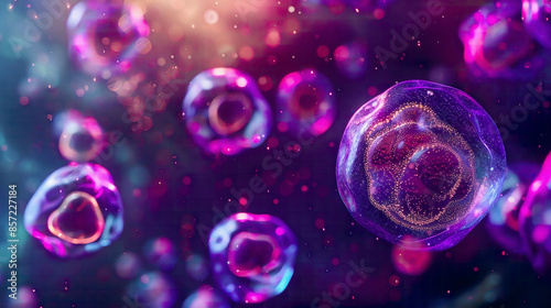 3D illustration of embryonic stem cells, vibrant colors, glowing effects, floating in a dark gradient background, highly detailed, concept of cellular therapy 