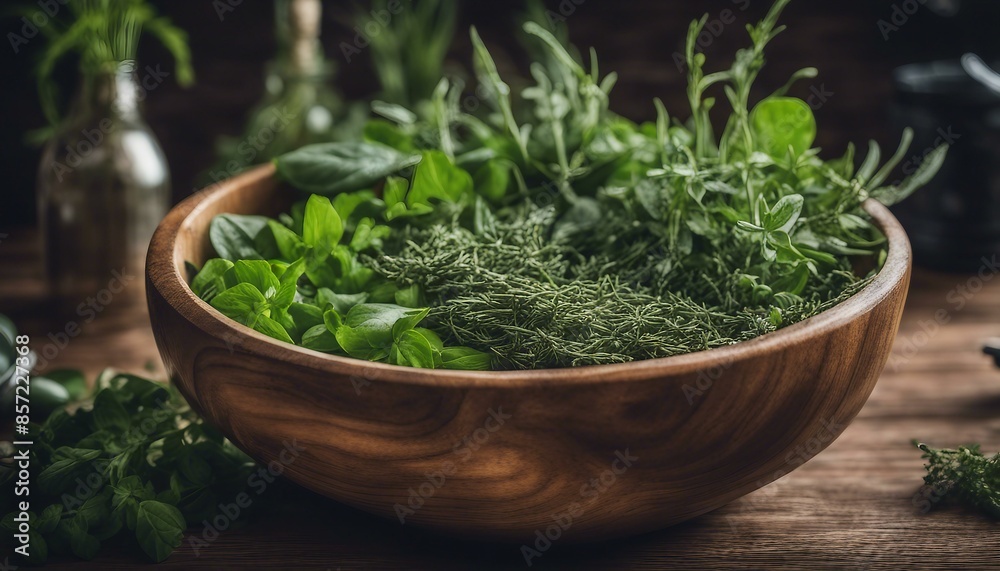A close-up view of a wooden bowl full of freshly chopped parsley and other greens on top in the middle of a table setting. A close-up view of a wooden bowl full of freshly chopped parsley and other greens on top in the middle of a table setting.