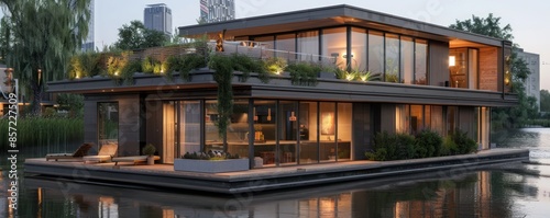 Modern houseboat with a rooftop terrace. photo