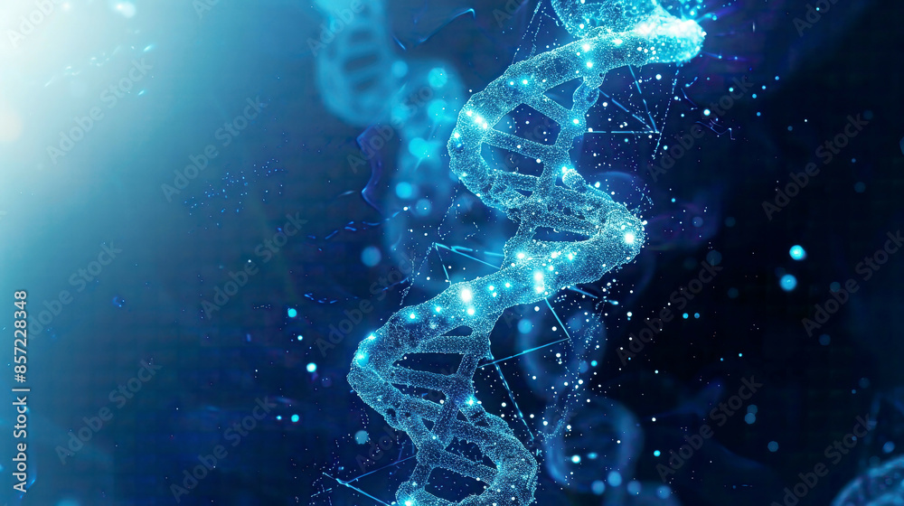 Abstract medical and technology background featuring a detailed DNA molecule, bright and glowing, blue gradient, futuristic design, intricate and vibrant Abstract medical and technology background featuring a detailed DNA molecule, bright and glowing, blue gradient, futuristic design, intricate and vibrant