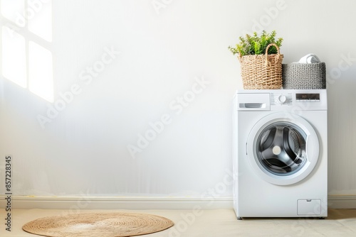 Modern washing machine in a bright minimalist laundry room. The neat and stylish space enhances home cleaning routine. Minimal decor with plants on appliance. Generative AI. photo