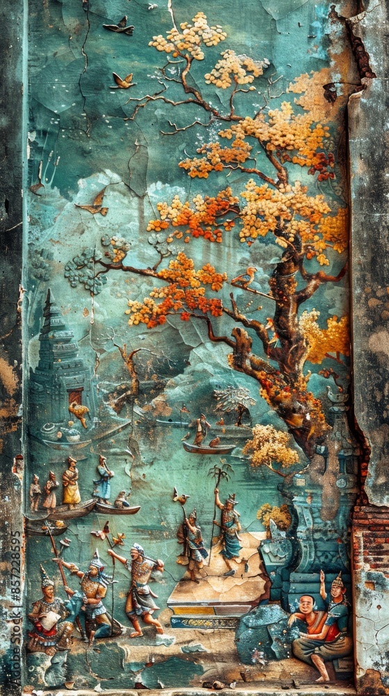 Serene Beauty of Historical Mural Designs in a Thai Temple Depicting Sacred Religious Stories