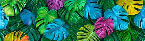 Tropical Paradise - Vibrant Vector Pattern with Colorful Anthurium and Monstera Leaves, Exotic Floral Design photo