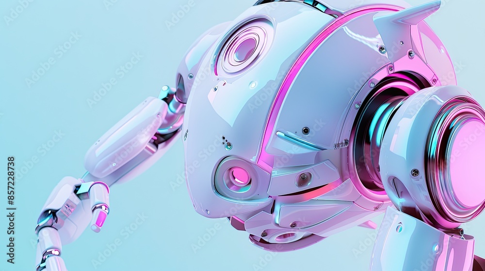 Fototapeta premium Futuristic white robot with pink and blue lights on a gradient background, showcasing advanced technology and innovative design.