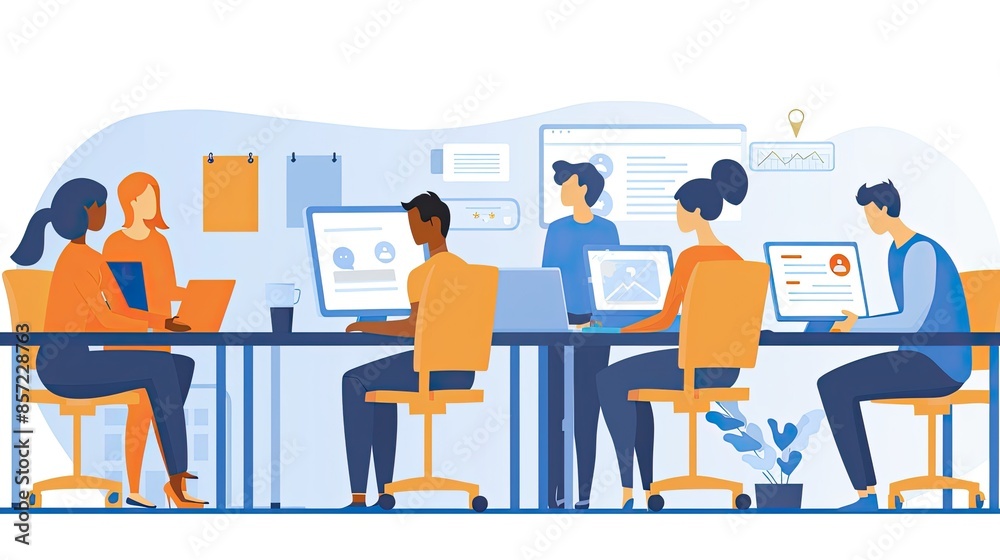 Illustration of a diverse group of people working together in a modern office setting with laptops and collaboration. Illustration of a diverse group of people working together in a modern office setting with laptops and collaboration.