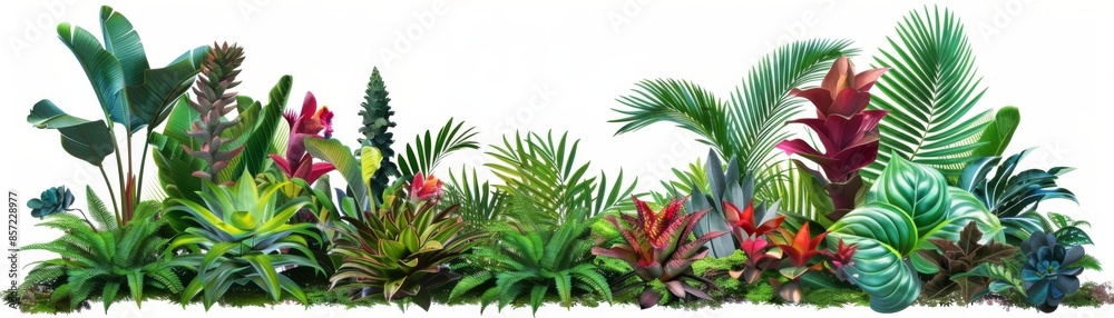 Obraz premium Lush Tropical Vector Art with Orchids and Bromeliads - Exotic Rainforest Flora Illustration