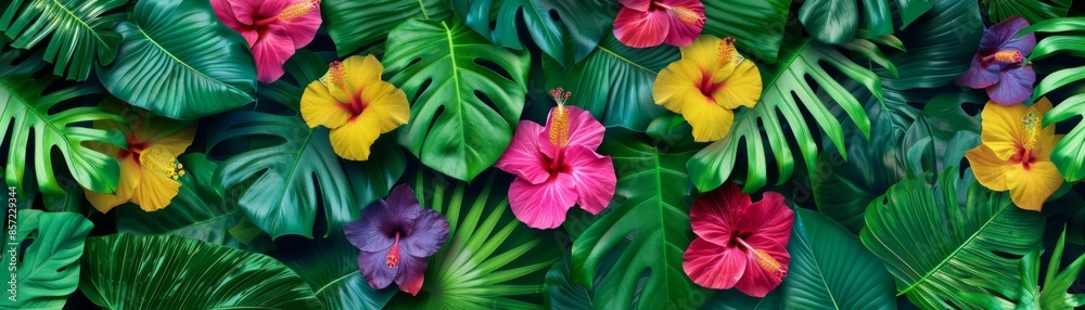 Exotic Tropical Paradise with Hibiscus and Orchids - Vibrant Jungle Vector Art Exotic Tropical Paradise with Hibiscus and Orchids - Vibrant Jungle Vector Art