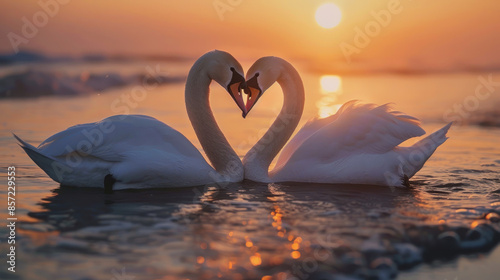 Fototapeta Naklejka Na Ścianę i Meble -  A realistic image of two swans head-to-head in a heart shape in the water at a beach during sunset.
