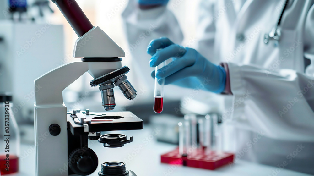 Close-up of a lab technician assistant holding a test tube with blood sample microscope and lab equipment in the background organized and sterile lab environment Close-up of a lab technician assistant holding a test tube with blood sample microscope and lab equipment in the background organized and sterile lab environment