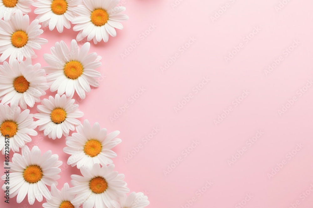 White Daisies Arranged on a Light Pink Background with Ample Copy Space. Generative AI White Daisies Arranged on a Light Pink Background with Ample Copy Space. Generative AI