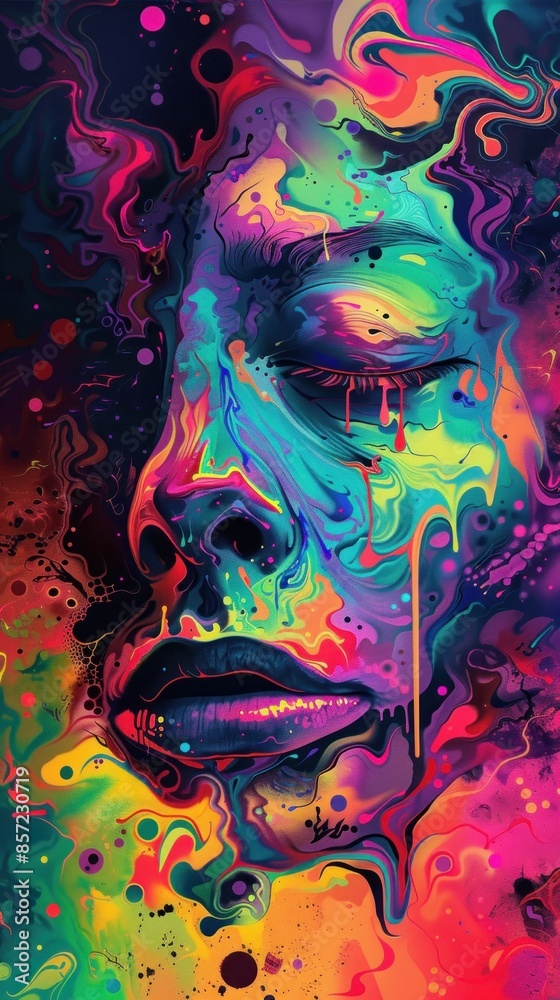 Vivid multicolored abstract face with flowing paint