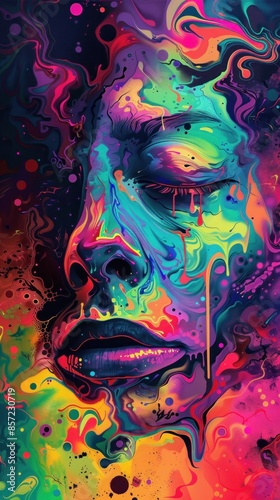 Vivid multicolored abstract face with flowing paint