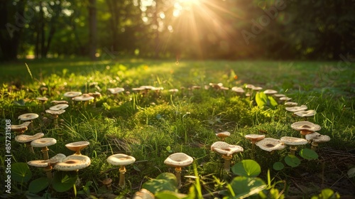 Fairy ring mushrooms in a sun-dappled meadow