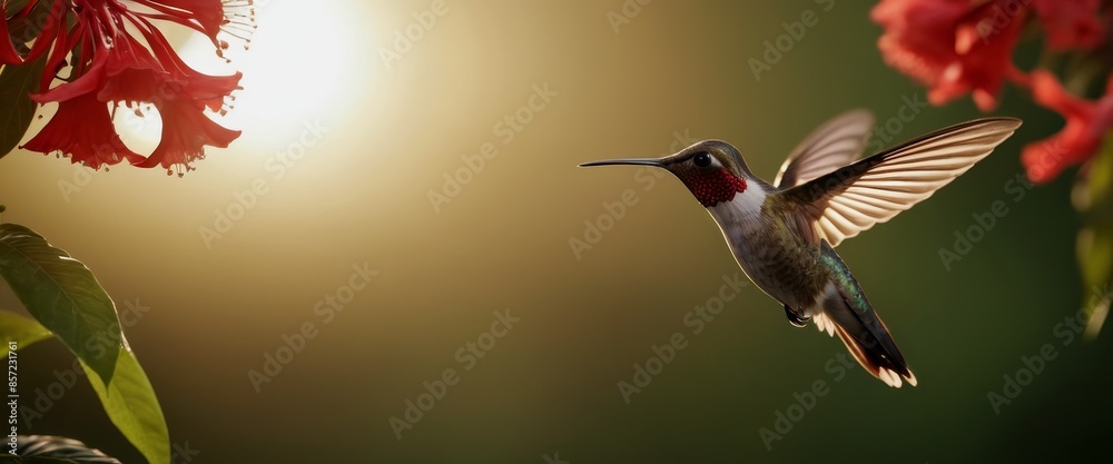 Obraz premium hummingbird frozen in mid-air wings a blur sipping