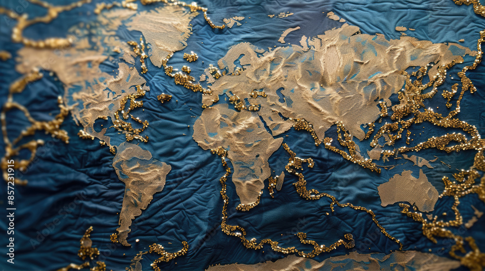 Golden Glitter World Map on Dark Blue Background Elegant Golden Glitter World Map on Dark Blue Background Elegant