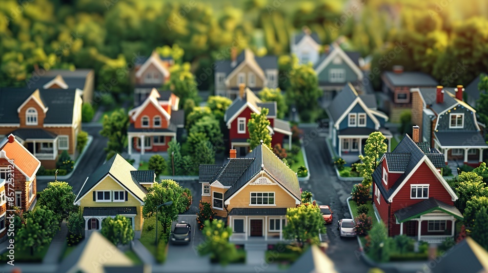 Aerial view of a detailed 3D town with buildings and greenery Aerial view of a detailed 3D town with buildings and greenery
