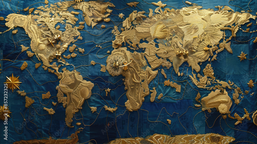 Naklejka premium Golden Glitter World Map on Dark Blue Background Elegant