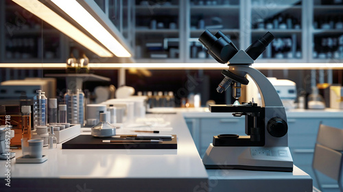 Detailed view of a microscope in a modern lab organized and sterile workspace bright lighting ultra-detailed and professional 