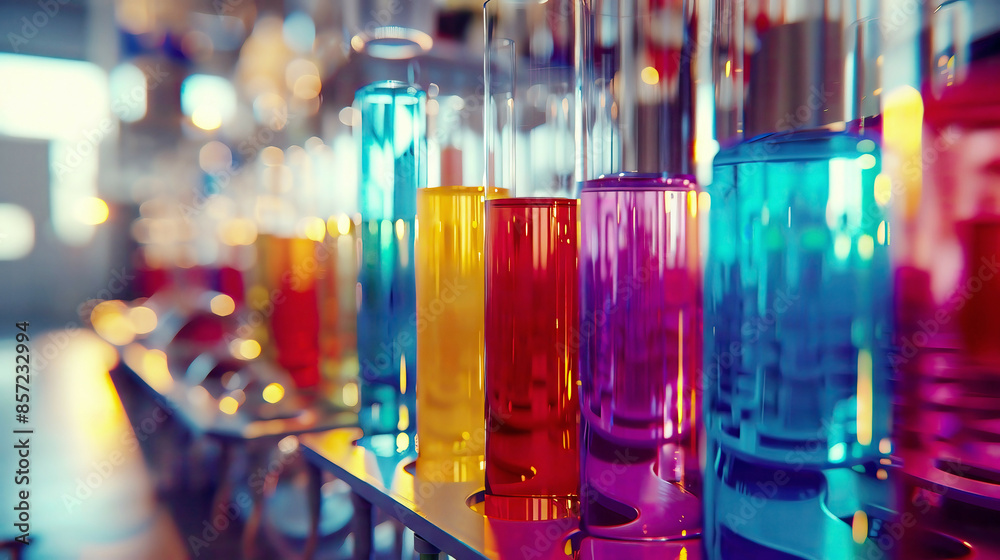 Detailed view of test tubes in a science lab, various colors of liquids, bright and organized lab, realistic textures and lighting Detailed view of test tubes in a science lab, various colors of liquids, bright and organized lab, realistic textures and lighting