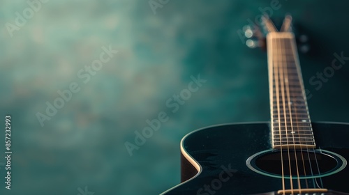 Closeup of a black acoustic guitar on a light green background