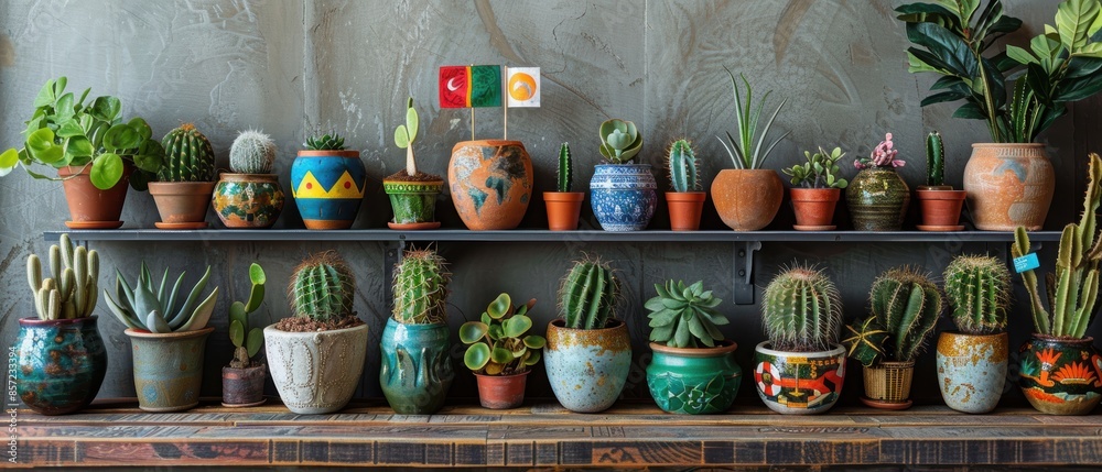 Fototapeta premium Array of plants in ceramic pots with flags from every country