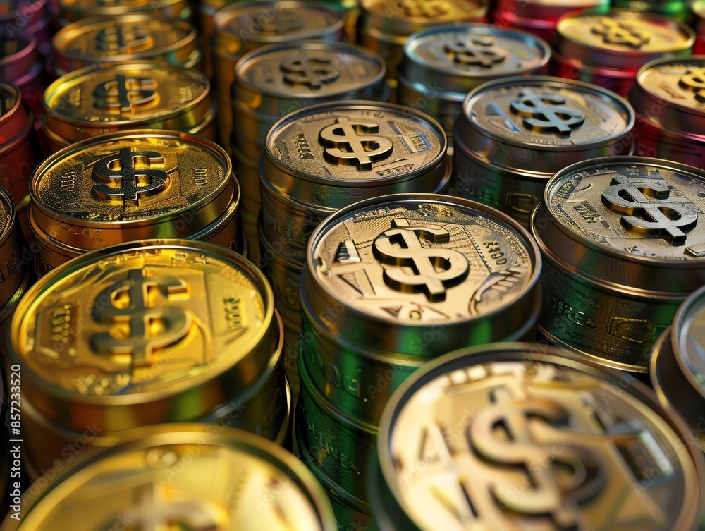 Oil barrels with golden dollar symbols, US currency overlay, Gold and Oil and US Dollars, Financial interplay and resource value Oil barrels with golden dollar symbols, US currency overlay, Gold and Oil and US Dollars, Financial interplay and resource value