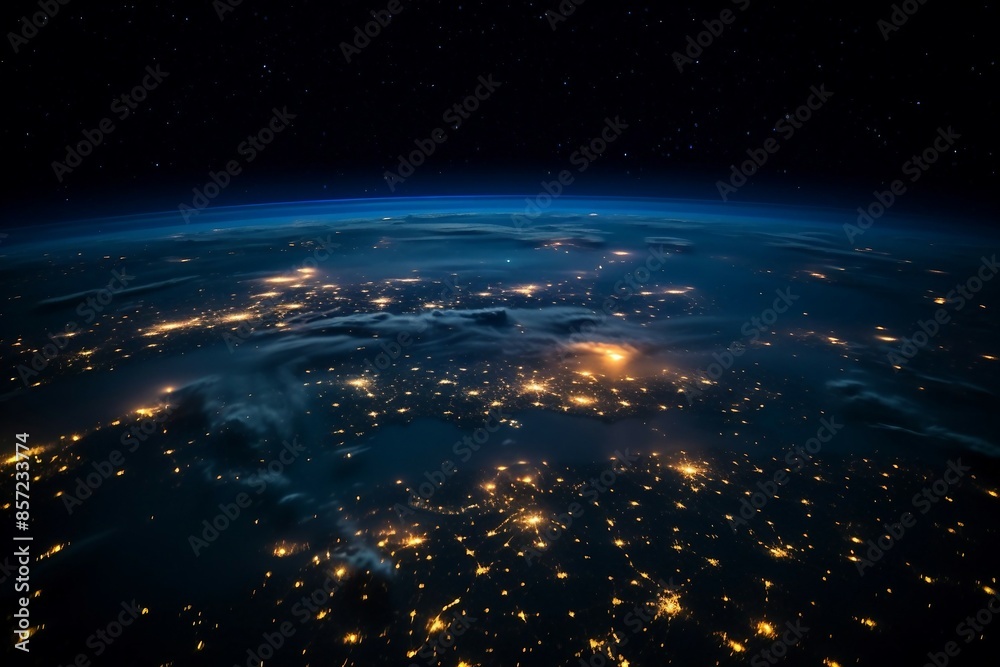 Fototapeta premium Beautiful Aerial View Of Earth At Night With Glowing City Lights. Generative AI