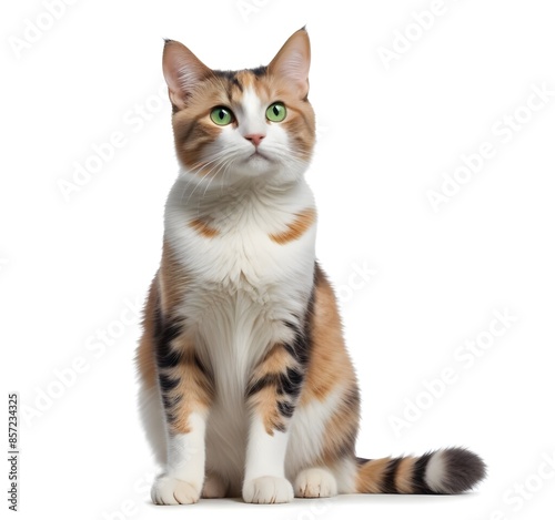 Isolated calico cat with bright green eyes, on a white background