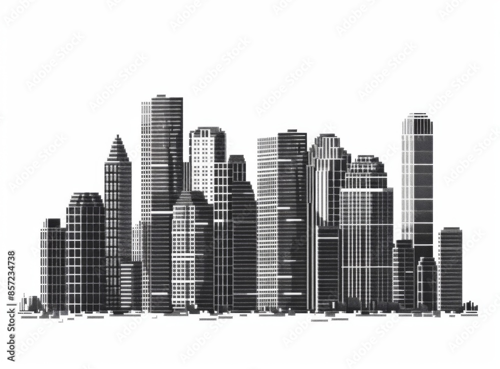 vector graphic of pixel blocks forming the silhouette of tall buildings in an urban cityscape, white background, vector graphic of pixel blocks forming the silhouette of tall buildings in an urban cityscape, white background,