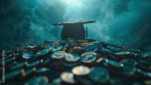 Graduation cap atop a mountain of coins representing the cost and value of higher education in a misty, dramatic setting. photo
