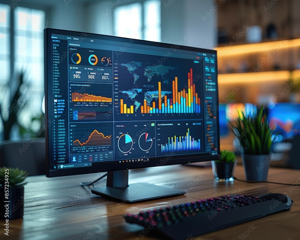 Modern office workspace featuring computer monitor displaying various data visualizations, charts, and graphs for business analysis. Modern office workspace featuring computer monitor displaying various data visualizations, charts, and graphs for business analysis.