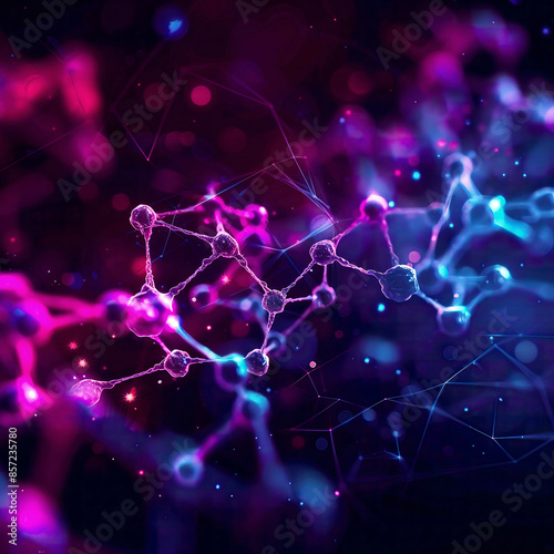 Molecular structures in an abstract medical background glowing neon colors interconnected shapes dark gradient background highly detailed