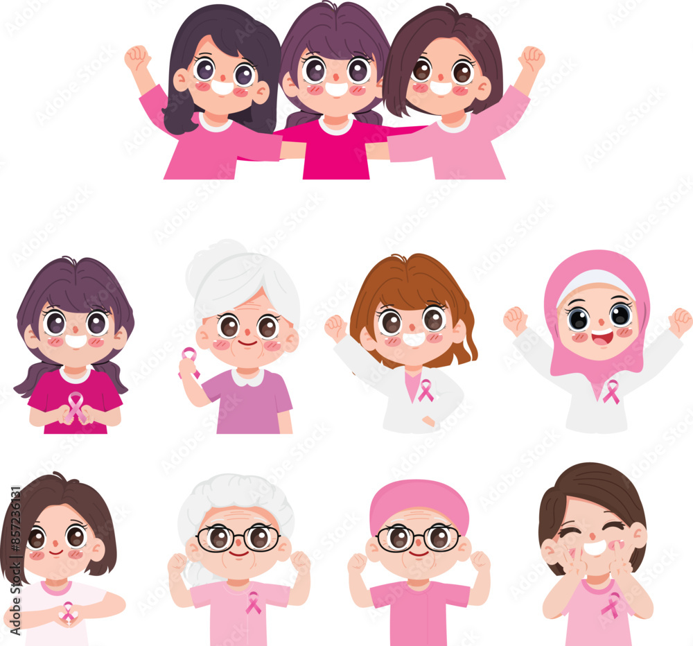Woman support campaign to fight on breast cancer with pink ribbon in breast cancer awareness month. Cartoon clipart vector design. Woman support campaign to fight on breast cancer with pink ribbon in breast cancer awareness month. Cartoon clipart vector design.