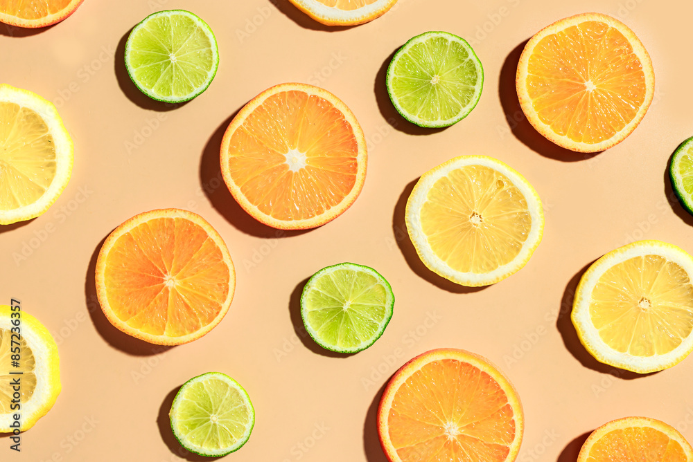 Citrus fruit slices pattern, orange, lemon, lime. Citrus fruit slices pattern, orange, lemon, lime.