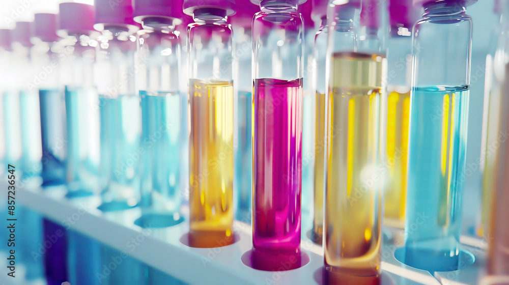 Test tubes filled with different liquids in a laboratory, bright and clean environment, high-definition and vibrant colors, Test tubes filled with different liquids in a laboratory, bright and clean environment, high-definition and vibrant colors,