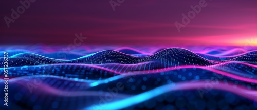 Glowing waves in a digital grid pattern, Techinspired, Purple and blue hues, Digital painting, Hightech landscape photo