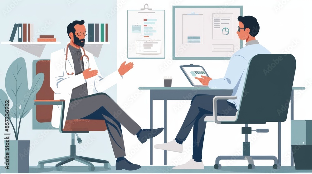 A doctor consulting with a patient, with medications and medical charts on the desk A doctor consulting with a patient, with medications and medical charts on the desk