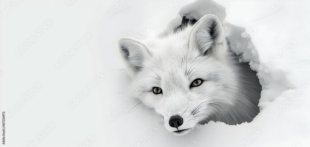 Naklejka premium An arctic fox looking through a torn hole