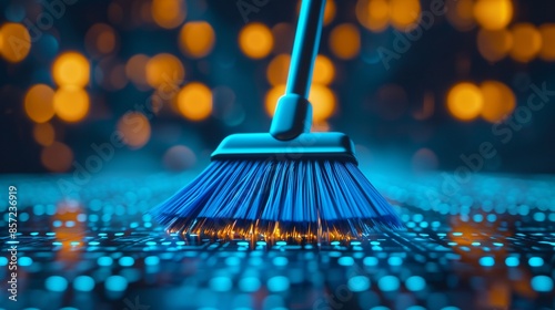 Broom with augmented reality cleaning interface, Futuristic, Blue and yellow tones, Digital painting, Techenhanced cleaning